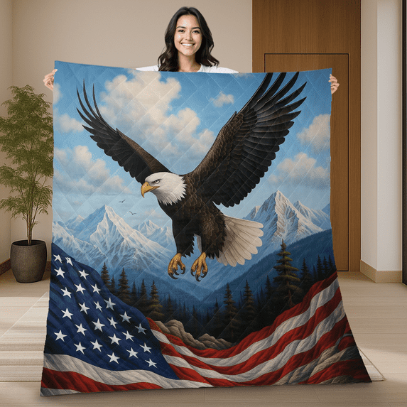 Patriotic Eagle Quilt Blanket – American Flag Mountain Landscape Quilt – Bald Eagle USA Freedom Blanket 4th of July