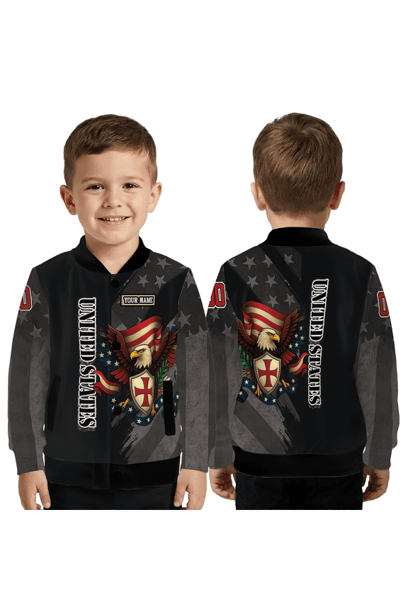 Patriotic Eagle Shield Baseball Jacket, Personalized Name Symbolic Emblem Baseball Jacket, Dark Star Pattern Statement Coat