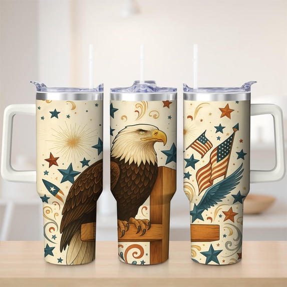Patriotic Eagle Stars and Stripes Stainless Steel Insulated Mug with Lid and Handle, 30oz