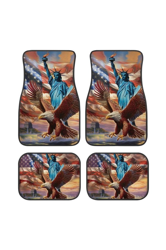 Patriotic Eagle Statue of Liberty Car Floor Mats Full Set, All-Weather Non-Slip Universal Fit Front and Rear Liners for Cars SUVs Trucks
