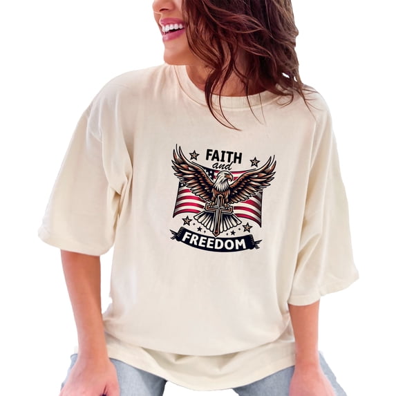Patriotic Eagle T-Shirt, American Flag Faith and Freedom Shirt, USA Pride Tee, Bald Eagle Graphic Top, July 4th Celebration Shirt, Ivory Comfort Colors T-Shirt, Large