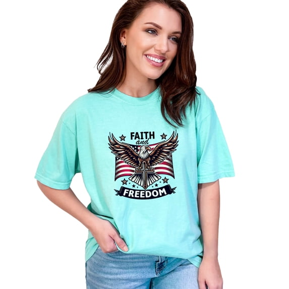Patriotic Eagle T-Shirt, American Flag Faith and Freedom Shirt, USA Pride Tee, Bald Eagle Graphic Top, July 4th Celebration Shirt, Chalky Mint Comfort Colors T-Shirt, Large