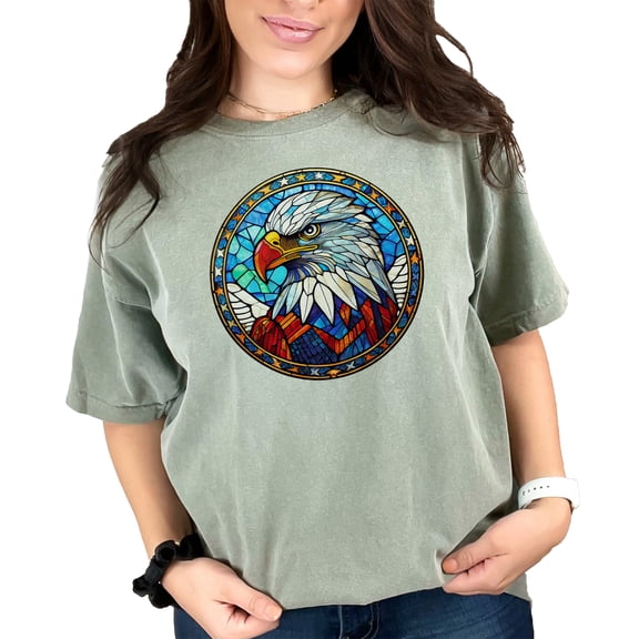 Patriotic Eagle T-Shirt, Bald Eagle Design Shirt, Stained Glass Art Tee, American Pride, Unique Eagle Graphic Tee, Gift for Him/Her, Moss Comfort Colors T-Shirt, 3XL