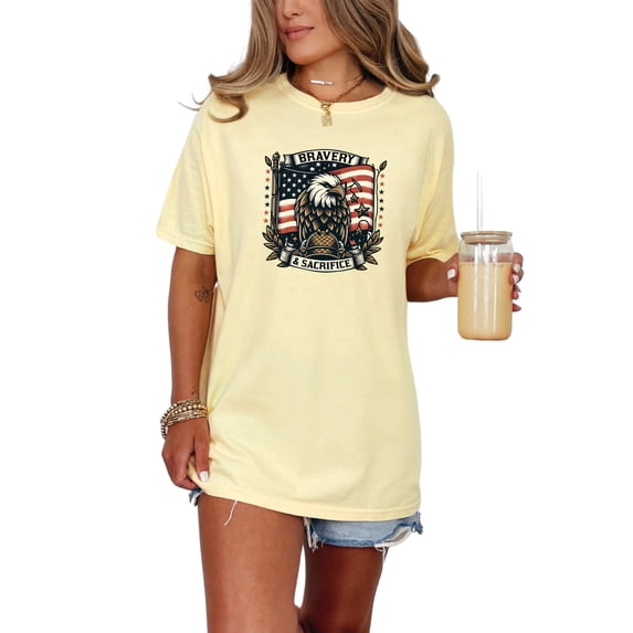Patriotic Eagle T-Shirt, Bravery and Sacrifice Graphic Tee, American Flag Shirt, Military Pride Apparel, USA Eagle Graphic Top, Butter Comfort Colors T-Shirt, Large