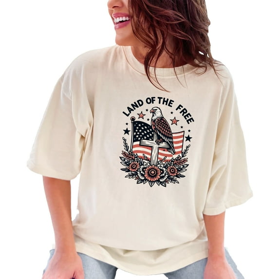 Patriotic Eagle T-Shirt, Land of the Free Graphic Tee, American Flag and Cross Design, Independence Day Shirt, USA Pride Apparel, Ivory Comfort Colors T-Shirt, Medium