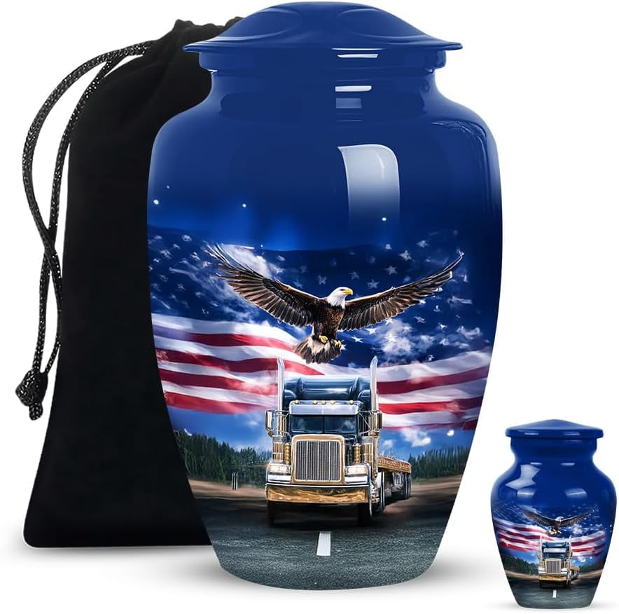 Patriotic Eagle Truck Urn , Large Cremation Urns for Human Ashes Adult for Women, Small Keepsake Urn for Human Ashes, American Flag Freedom Tribute Urns (Size 10 Inch + 3 Inch, Set of 2)