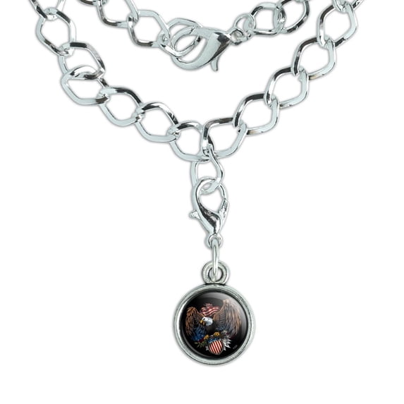 Patriotic Eagle USA American Flag Shield Silver Plated Bracelet with Antiqued Charm