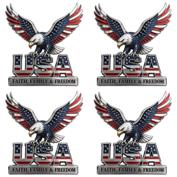 Patriotic Edition USA Faith Family and Freedom Metal Emblem Eagle USA Letters 3D Car Emblem 250th Anniversary Red Blue Flag Decal 4pcs