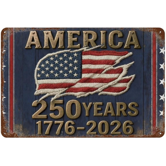 Patriotic Embroidery Style USA Flag Metal Tin Sign Wall Decor Plaque 8x12 Inch