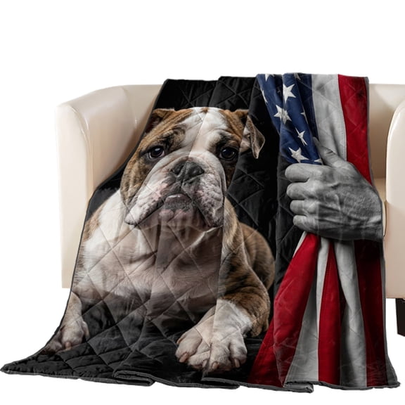 Patriotic English Bulldog Quilted Comforters Cooling Blanket Oversized King Size, American Flag Independence Day Cold Comfort for Hot Sleepers Lightweight Air Conditioning Quilt Blanket for Bed