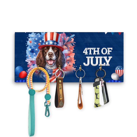 Patriotic English Springer Spaniel Celebrates 4th of July Wood Key Holder Springers Dog Lover Gifts Wall-mounted Key Rack Home Decor - 02009