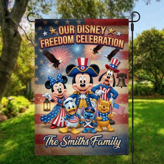 Patriotic Era Garden Flag, Mickey Minnie 4th of July Yard Decor, Personalized Smith Family USA Outdoor Banner, Fan Gift