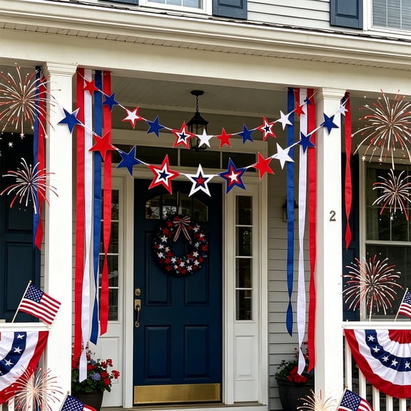 Patriotic Fabric Garland, American Flag Style Hanging Banner Durable Holiday Party Decoration Display, Reusable Outdoor Indoor Decor for Porch Balcony Garden for Fourth of July Events