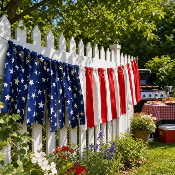 Patriotic Fabric Ribbon Banner, 4th of July Streamer Garland with Red White Blue Striped & Solid Ribbons, Rustic Fireplace Mantel Decor for Independence Day Summer Holiday Gatherings.45.72in.B
