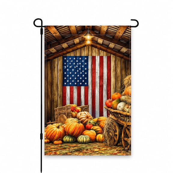 Patriotic Fall Garden Flag 12x18 Inch - USA Barn Wood American Flag with Harvest Pumpkins Decor for Porch, Patio, Yard, Lawn Outdoor Decoration