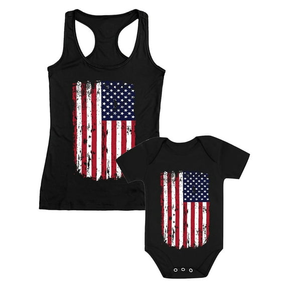 Patriotic Family Outfit - Mother & Baby Matching Set - Vintage USA Flag T-Shirts - 4th of July Celebration - Independence Day Apparel - Mom Black XX-Large / Baby Black 24M (18-24M)