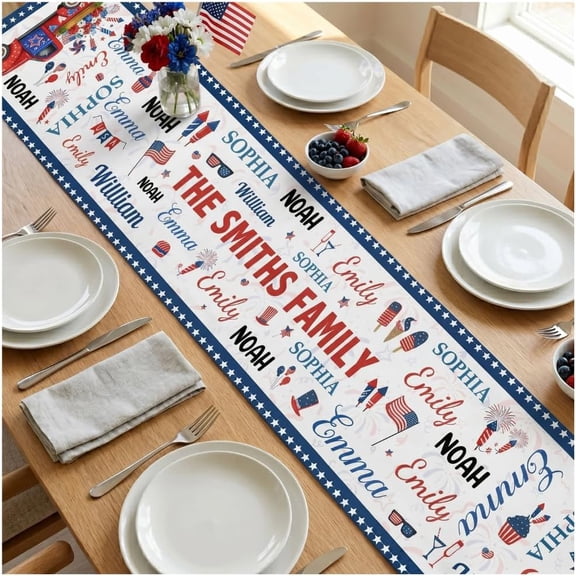 Patriotic Family Repeating Names U.S.A 250th Anniversary - Personalized Table Runner, 250th Anniversary USA Table Runner, 4th of July Decor Patriotic 250 America Memorial Day (1)