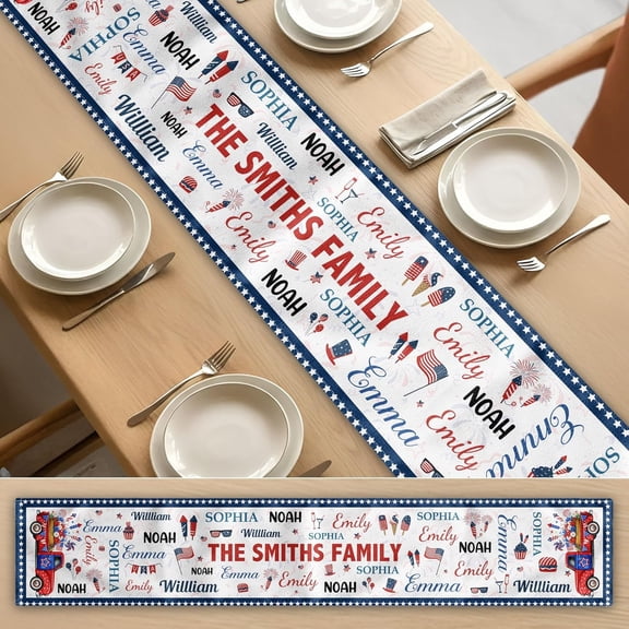 Patriotic Family Repeating Names USA 250th Anniversary - Personalized Table Runner, Custom Family Name Table Decor, 4th of July Dining Table Decoration, Red White Blue Party Runner