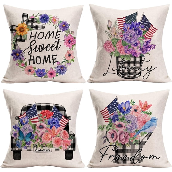 Patriotic Farmhouse Pillow Covers Spring Floral Decor Independence Day Throw Pillow Cover Set of 4 Square Sweet Home Pillow Cases American Flag Modern Cushion Cover 20x20 Inch (AFM 4)