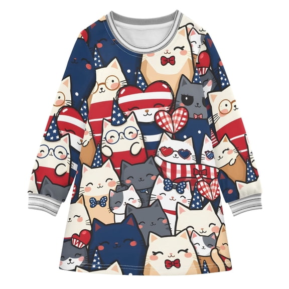 Patriotic Felines Girls'long-sleeved dress Thickened A-dress Warm Dress Basic Shirt Party Dresses