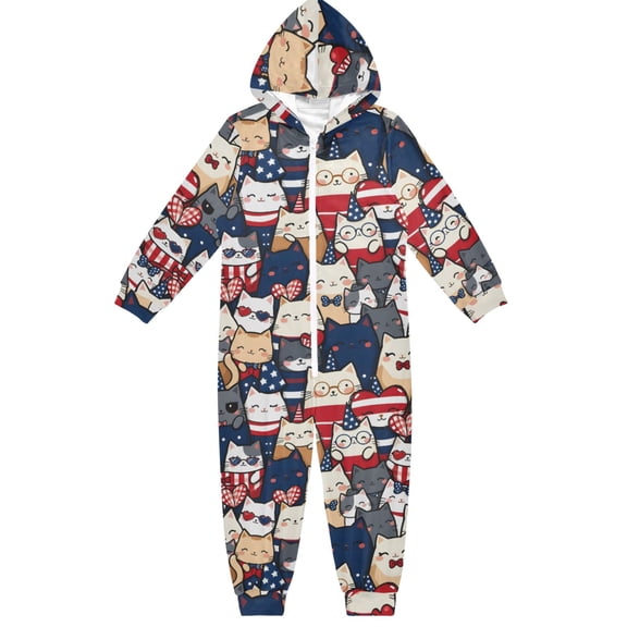 Patriotic Felines One Piece Pajamas Soft Jumpsuit Cozy Sleep and Play Romper Zipper and Pockets 4T