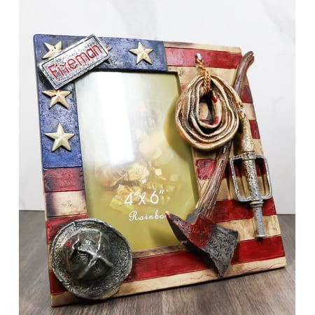 Patriotic Fire Department Fireman Helmet Hose Axe USA Flag 4"X6" Picture Frame