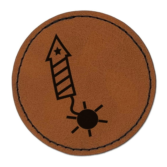 Patriotic Firework 2.5" Faux Leather Round Engraved Iron-On Patch - Brown