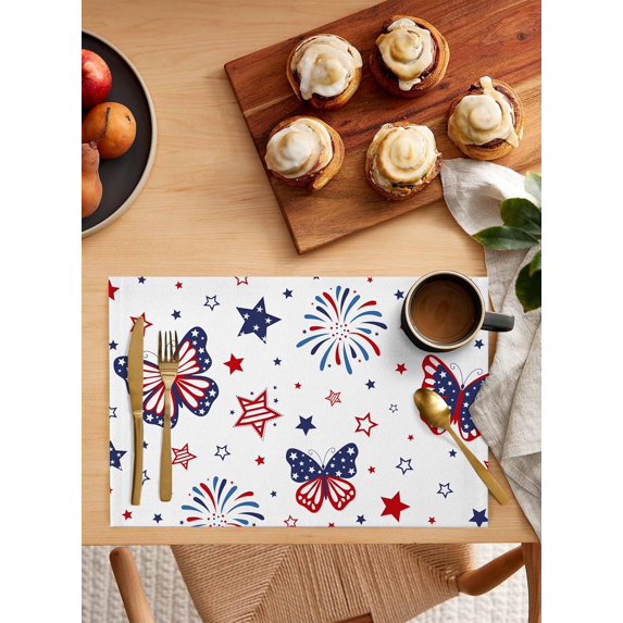 Patriotic Firework Placemats Set of 4,Washable Woven Burlap Cloth Fabric Placemat for Square/Rectangle/Round/Oval Dining Table,Easy Clean Place Mats for Kids 4th of July Patriotic Memorial Day