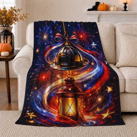 Patriotic Fireworks Night Firefighter Helmet, Festive Celestial Scene, Warm Flannel Blanket for Home Library and Reading Nook, Celestial Art Lovers Appreciation Gift, Celestial Home Decor