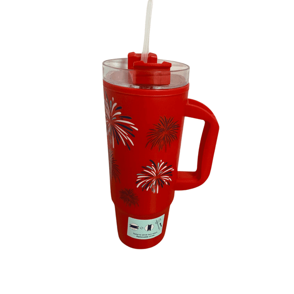 Patriotic Fireworks Plastic Tumbler with Handle and Straw Reusable Red Drink Cup