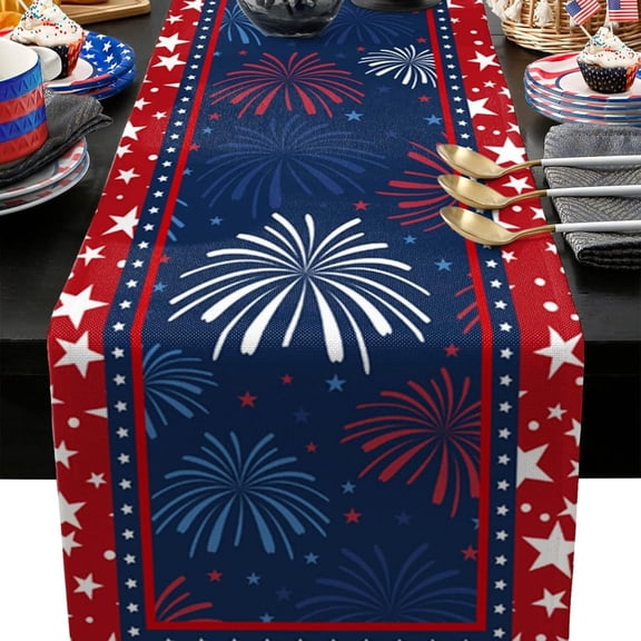 Patriotic Fireworks Star Print Table Runner,Independence Day Memorial Day Red White Blue Farmhouse Table Linens for Kitchen,Dining Room,Holiday Party Decor