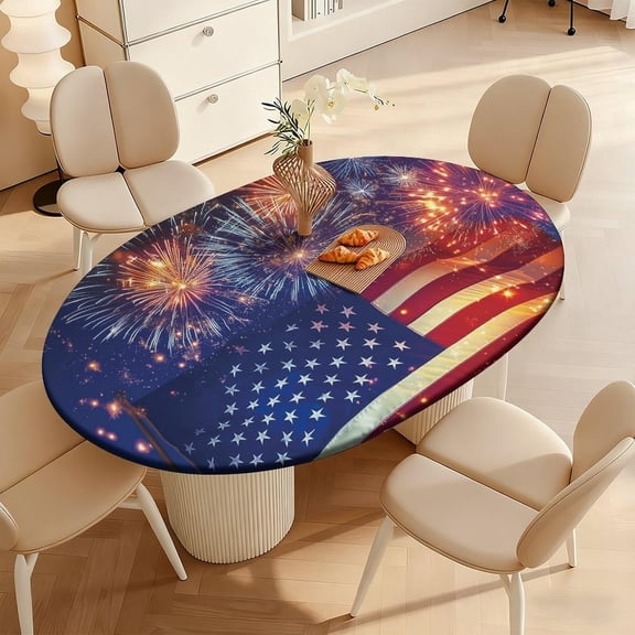 Patriotic Fitted Oval Tablecloth with Elastic Edge, 50 x 68 Inch Table Cover Waterproof Spill Proof Oval Tablecloth for BBQ Party Picnic Independence Day Decoration, Holiday Spark