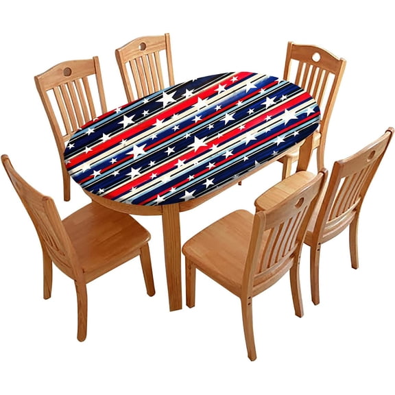 Patriotic Fitted Tablecloth Oval, 48" X 68" 4th of July Elastic Edge Table Cover, Windproof and Wrinkle-Proof Table Cloths Indoor Restaurant Outdoor Terrace Dining Table Decoration Table Cover