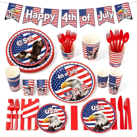 Patriotic Flag Disposable Paper plates knives spoons forks cups tablecloth Set, Independence Day Party Lunch Dinner Tableware Set, Patriotic Flag Lunch Dinner Cutlery Set, Serves 20