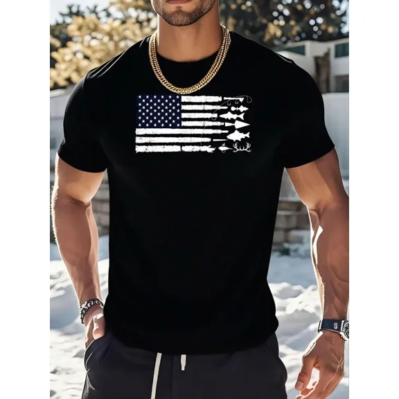 Patriotic Flag Fishing Hunting Graphic for Men Soft Cotton Short Sleeve Tee Shirt