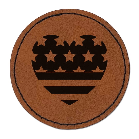 Patriotic Flag Heart July 4th Independence Day 2.5" Faux Leather Round Engraved Iron-On Patch - Brown