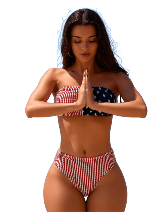 Women's Two Piece Bikini Set Flag Print Patriotic Bandeau High Waisted Textured for Beach Pool