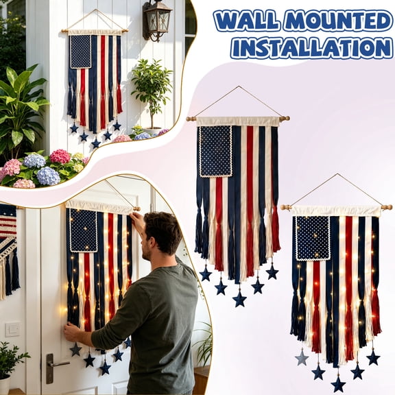 Patriotic Flag Wall Decor with Tassels & Star Accents – Illuminated LED Tapestry with Remote Control for Indoor Outdoor Use, Perfect for 4th of July, Backyard Parties, Porch Display