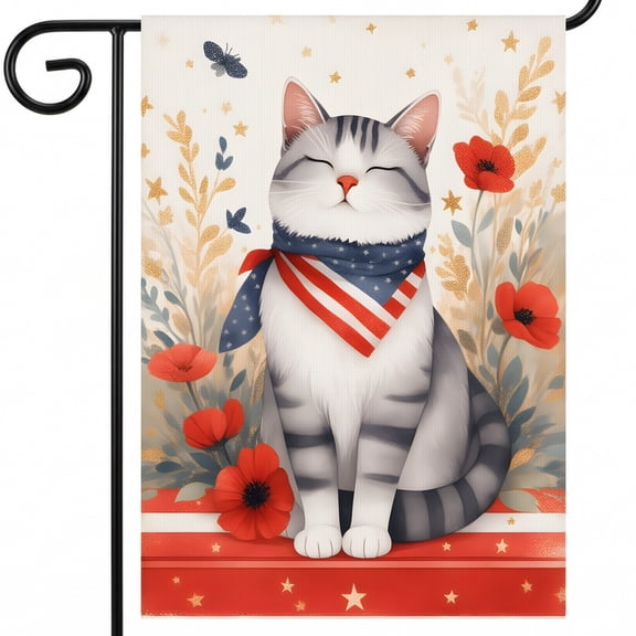 Patriotic Flag with Cat Wearing Bandana Sitting Red Box 28x40 Inch Outdoor J4 Decorations Home