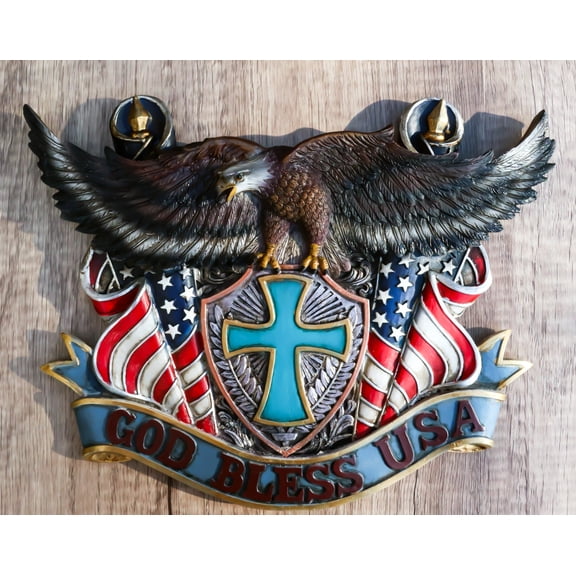 Patriotic Flags Bald Eagle On Cross Crest God Bless USA Wall Plaque Sculpture
