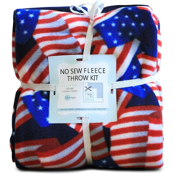 Patriotic Flags No-Sew Throw Fleece Fabric DIY Blanket Making Kit, Make Your Own, Anti-Pill, 50x60 Inches