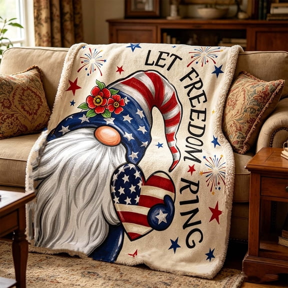Patriotic Flannel Throw Blanket - Soft Warm Red White Blue Blanket for 4th of July Home Decor, Lightweight Decorative Blanket for Sofa, Bed, and Travel - Machine Washable Holiday Gift