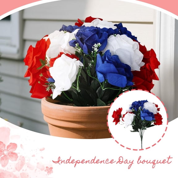 Patriotic Floral Bush Bouquet, Artificially Maintained & Long-Lasting Arrangement For American National Holidays, Independence Day Celebrations, Home Decor, Office Displays,