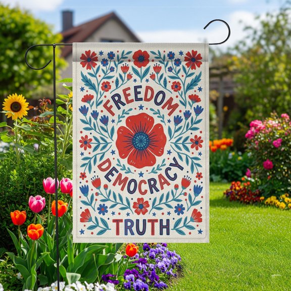 Patriotic Floral Garden Flag, Freedom Democracy Truth Yard Sign, American Values Outdoor Celebration Banner