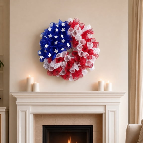 Patriotic Floral Garland & Wreath Set for 4Th of July, Rich Red White Blue Festive Elements, Easy Hanging Design, Wall Ornament for Independence Day Family Gathering Venue Layout & Home Decor