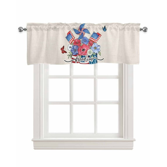 Patriotic Floral Linen Curtain Valance for Bedroom/Bathroom/Kitchen/Living/Dining Room Window,Red Blue Stripes Stars Flag 4th of July Pocket Topper Drapes Decorative Cafe Drapery Panel 60"x18"