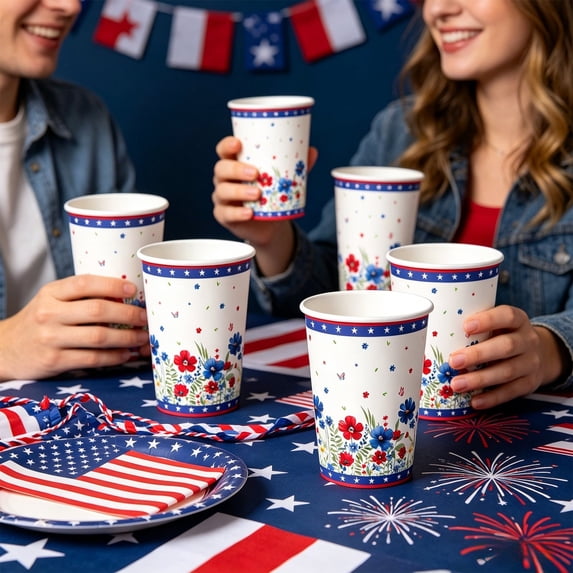 Patriotic Floral Paper Cups Set - Disposable Tableware for 4th of July BBQ, Picnic, and Party, Red White Blue Flower Design, Food Grade, No Cleanup Required