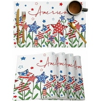 Patriotic Floral Placemats Set of 4,Washable Woven Burlap Cloth Fabric Placemat for Square/Rectangle/Round/Oval Dining Table,Easy Clean Place Mats for Kids Stars 4th of July Memorial Day White
