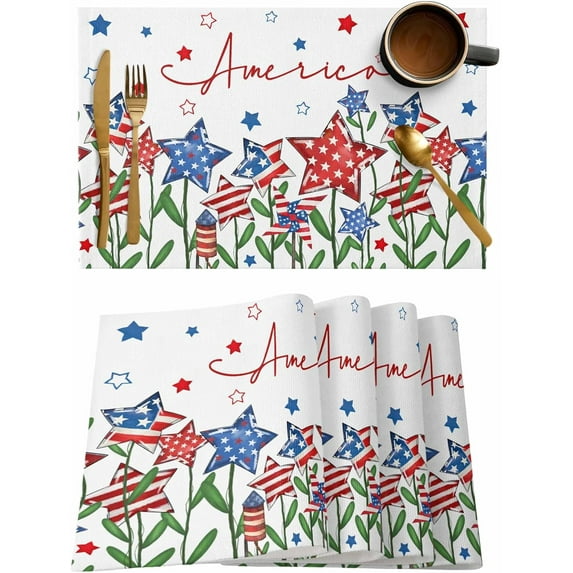 Patriotic Floral Placemats Set of 4,Washable Woven Burlap Cloth Fabric Placemat for Square/Rectangle/Round/Oval Dining Table,Easy Clean Place Mats for Kids Stars 4th of July Memorial Day White