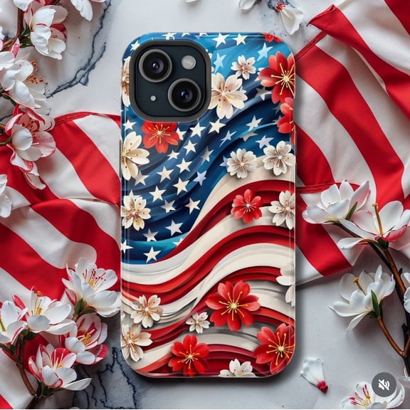 Patriotic Floral Red Blue Wave Phone Case 17 11 12 13 14 15 16 Pro Max Fit